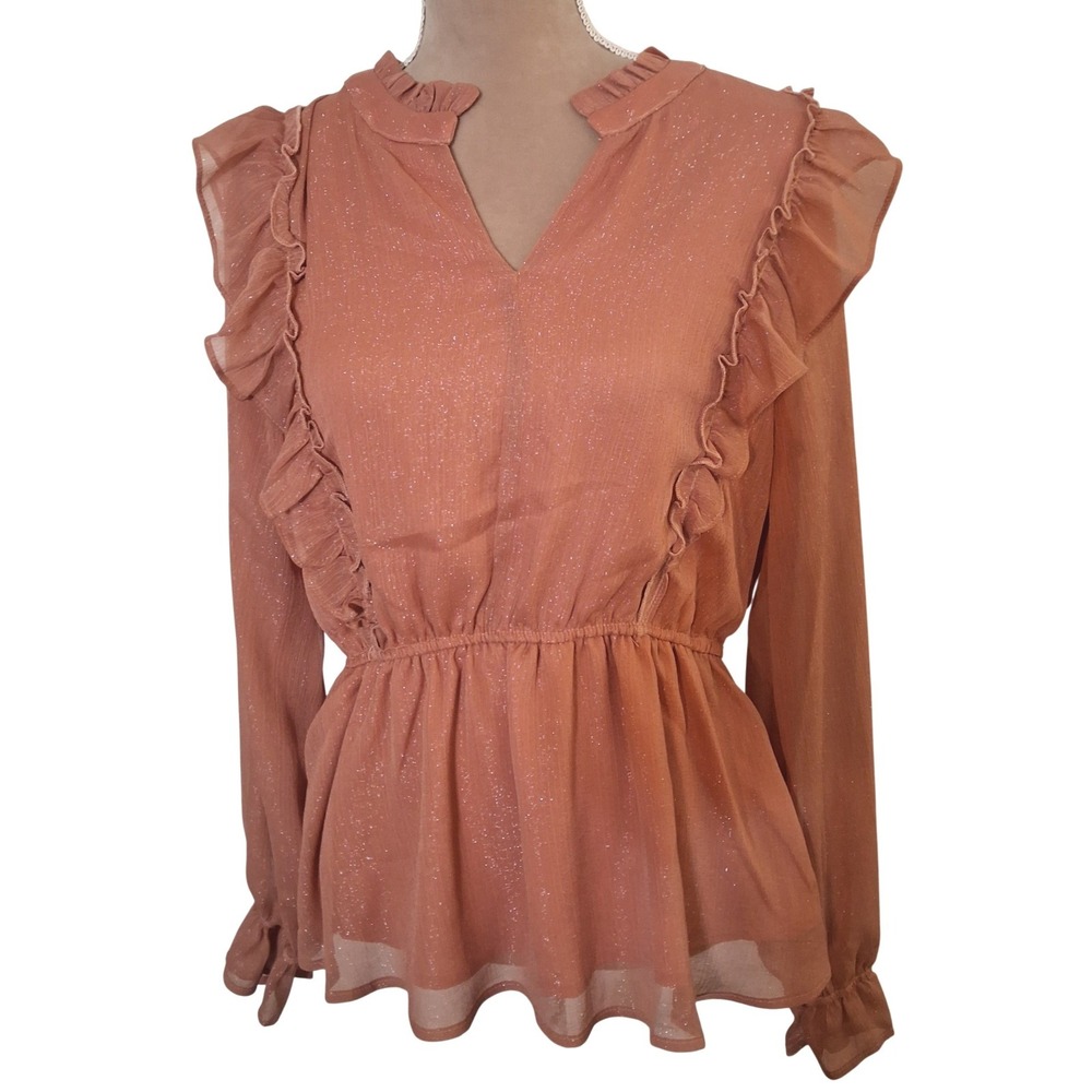 Savanna Jane Dark Rose Pink Glitter Ruffle Peplum Top V-Neck Long Sleeve Large